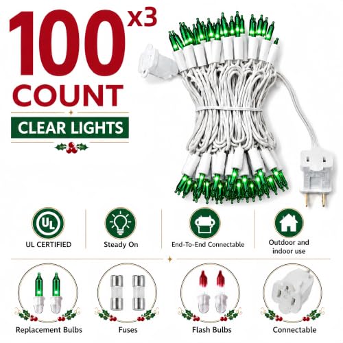 Xeekeehii Green Christmas String Lights 3 Pack, 21ft Connectable Incandescent Bulbs