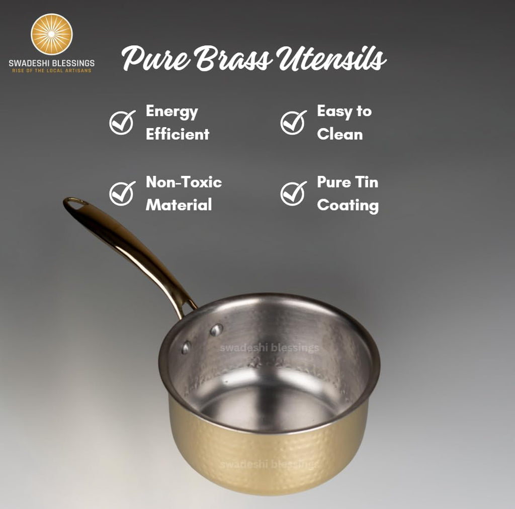Swadeshi Blessings Exclusive Range Brass Sauce Pan for Cooking without Lid/Teflon-Free/Naturally Non-Stick Brass Utensils with Tin Coating (1.5 Liters)