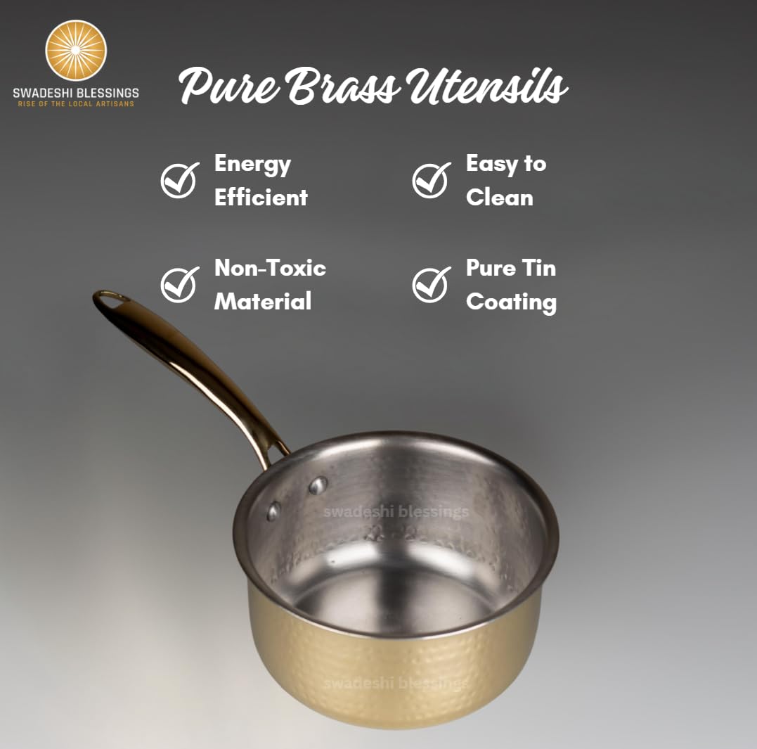 Swadeshi Blessings Exclusive Range Brass Sauce Pan for Cooking without Lid/Teflon-Free/Naturally Non-Stick Brass Utensils with Tin Coating (1.5 Liters)
