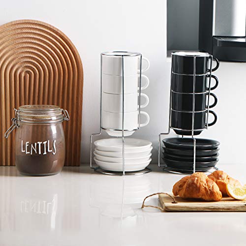 Sweejar Black Ceramic Espresso Cups Set of 4 (4 oz) with Saucers & Metal Stand