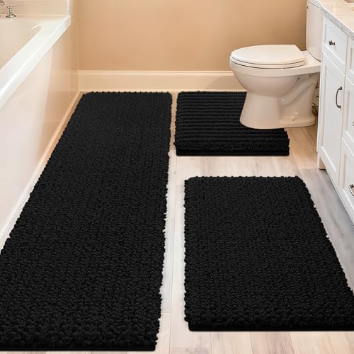 ACCUMTEK 3-Piece Extra Large Black Chenille Bath Mat Set Non-Slip