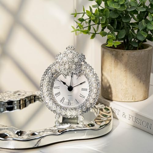 Vintage Metal Tabletop Clock with Rhinestones - Silent Battery Operated