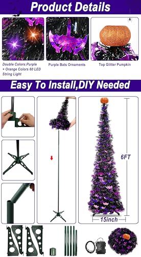 6ft Lighted Pop-Up Halloween Tree with 60 LED Lights & Bat Sequins