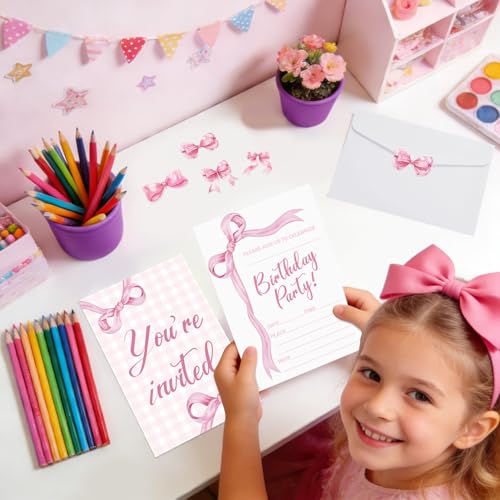 Pink Bow Birthday Invitations - 20 Sets with Envelopes & Stickers