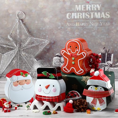 Hushee Classic Christmas Tin Box Cookie Containers Set - Santa Snowman Penguin Gingerbread - 8 Pcs Gift Candy Storage, 5x4.3x2 Inches