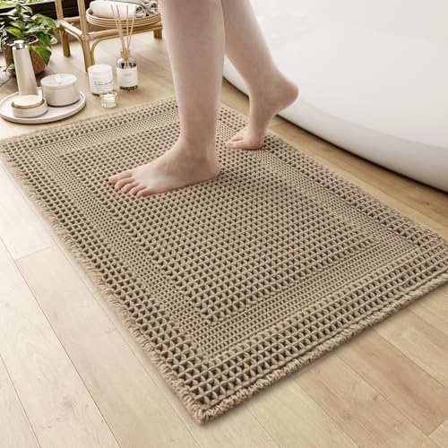 AMOAMI Waffle Boho Bath Mat - Non-Slip Absorbent Bath Rug 17"x24" Beige