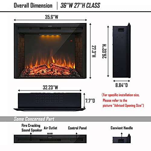 36-Inch Recessed Electric Fireplace Insert with Sound and Remote