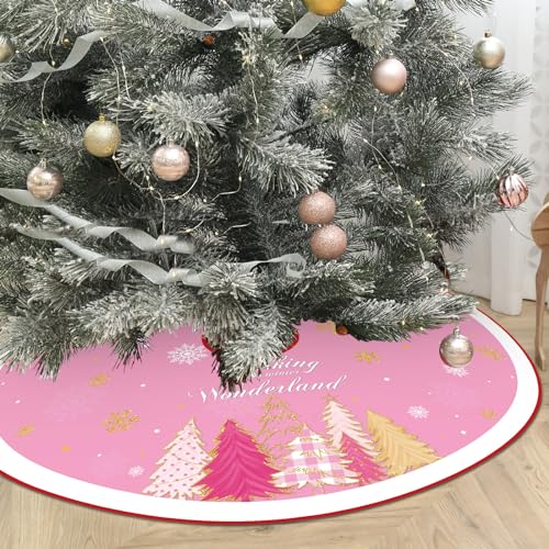 Pink Christmas Tree Skirt 48 Inch Double Layer Holiday Decor with Snowflake Pattern