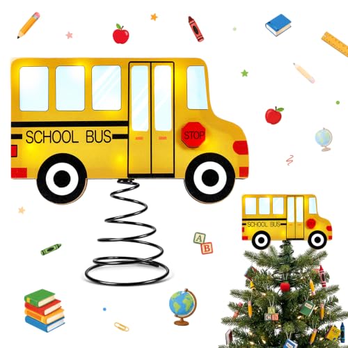 Wooden School Bus LED Tree Topper - 8x8 Inch Lighted Classroom Decor