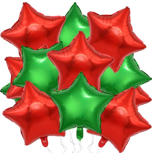 Kalor Red & Green Star Foil Balloons 18in, Pack of 10 – Mylar Star Balloons for Birthdayes, Weddings & Parties (Red & Green)