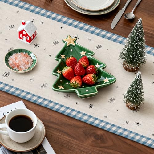 OTOSTAR Buffalo Plaid Christmas Table Runner 13x90in - Light Blue Snowflake Tree Holiday Farmhouse Kitchen Decor