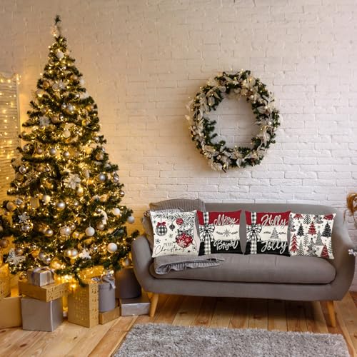 ONFAON Christmas13 Throw Pillow Covers 18x18 - 4ct Red Trees & Snowflakes