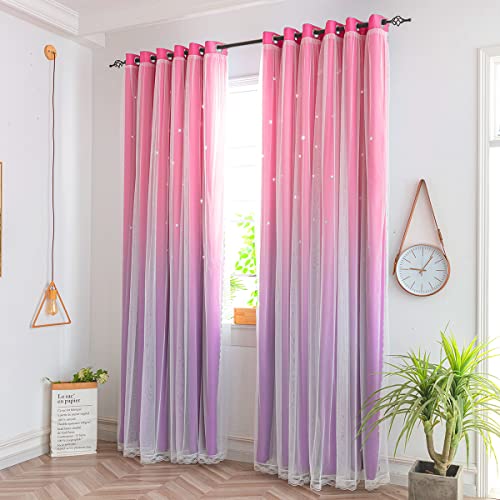 Girls Star Blackout Curtains with Tulle Overlay, 63-inch Pink Purple