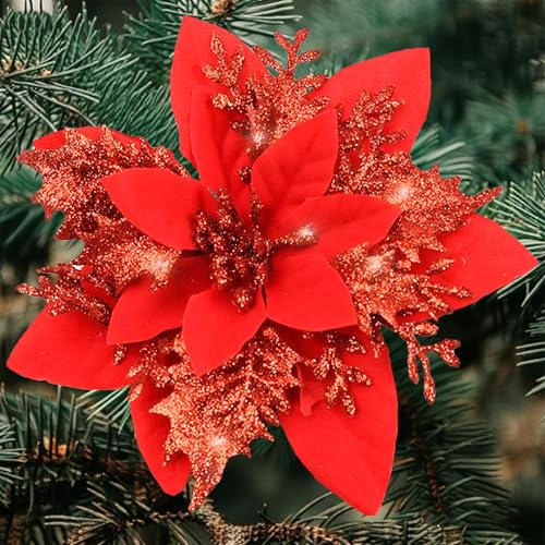 Cliselda 30Pcs Red Poinsettia Artificial Christmas Flowers with Clips - Holiday Decor
