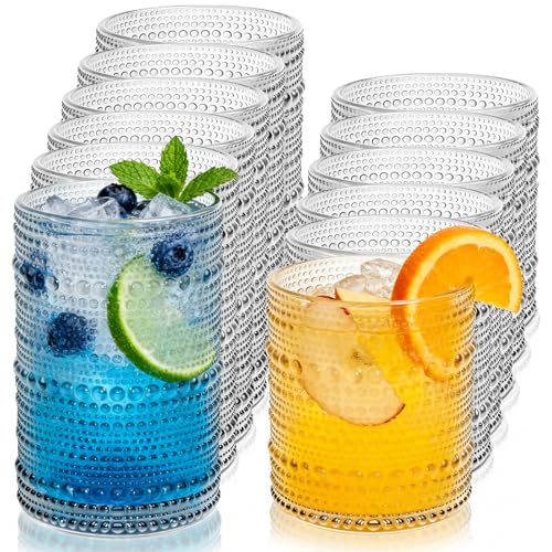 Vintage Hobnail Drinking Glasses Set, 12-Piece Clear Glassware Collection