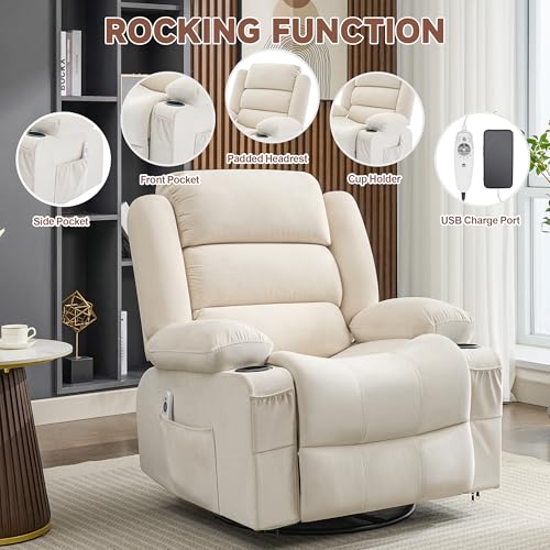 Oversized Rocking Recliner Chair with Heat, Massage, and 360° Swivel