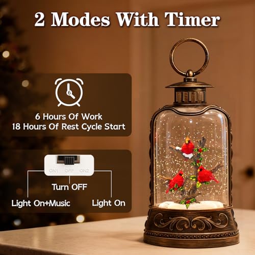 Sunface Bronze 27 Christmas Snow Globe with Red Cardinals, Music & Timer, Indoor Decor