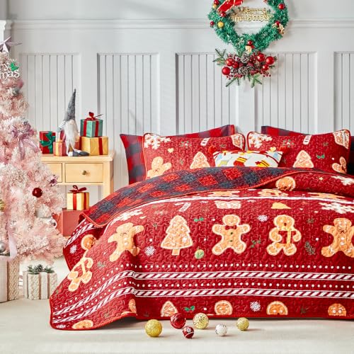 UOZZI BEDDING Christmas Quilt Set Red Stripes with Gingerbread Men, Gingham Reversible King