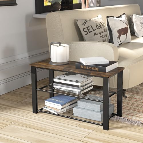 2-Tier Shoe Rack Bench, Rustic Brown Metal Entryway Storage Organizer