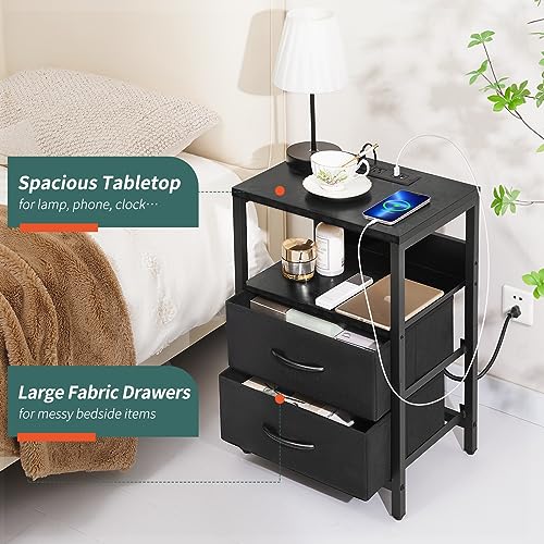 LED Nightstand with Charging Station, 2 Fabric Drawers & Storage Shelf