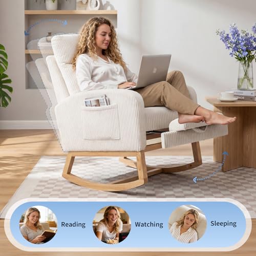 Corduroy Nursery Rocking Chair with Adjustable Footrest and Side Pocket