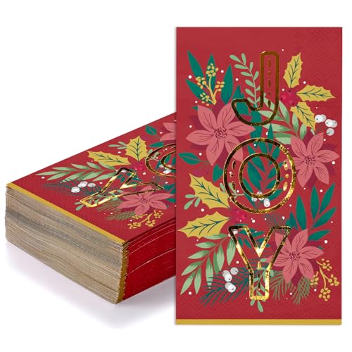 Wrapaholic 50-Pack Joy and Flower Christmas Disposable Napkins 3-Ply, 4.3 x 7.9 Inches