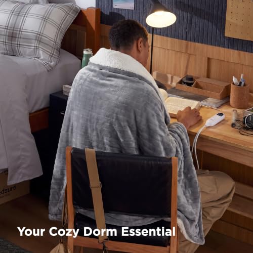 Bedsure Grey 50x60 Heated Throw Blanket with Preheat & 6 Heat Settings - Soft Flannel & Sherpa, Safe Auto Shut-Off
