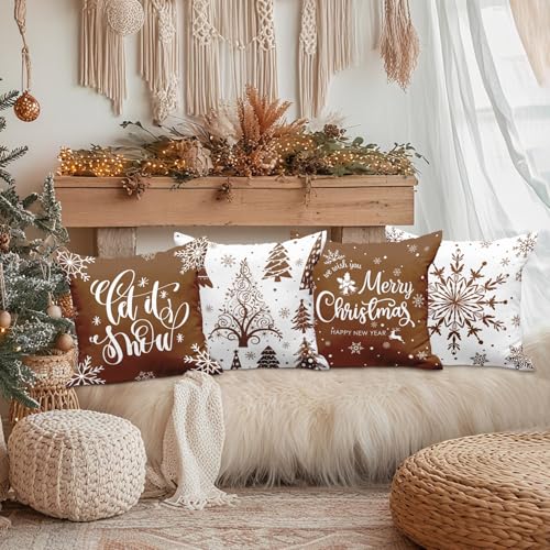Lanpn 18x18 Christmas Throw Pillow Covers Set of 4, Brown Merry Xmas Snowflake Holiday Cushion Cases