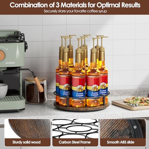 9-Bottle Rotating Coffee Syrup Rack, Carbon Steel and Wood Organizer