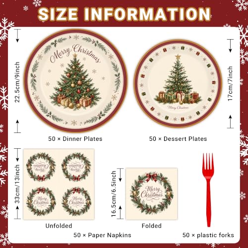 NestSail 200PCS Christmas Paper Plates Set 9x7 Inch for 50 Guests, Festive Holiday Tableware
