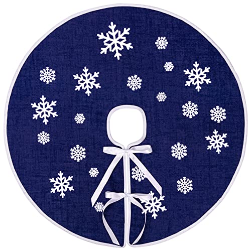 30-Inch Dark Blue Burlap Christmas Tree Skirt with White Snowflakes