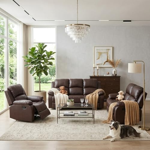 BrisaNube Brown 3-Piece Reclining Leather Sofa Set with 1 Seat, Loveseat & 3-Seat Couch