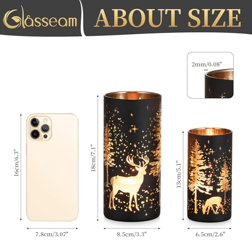 Glasseam Christmas 2-Pc Black Candle Holders Set for Pillar Candles with Moose Forest Pattern (Variation: Christmas)