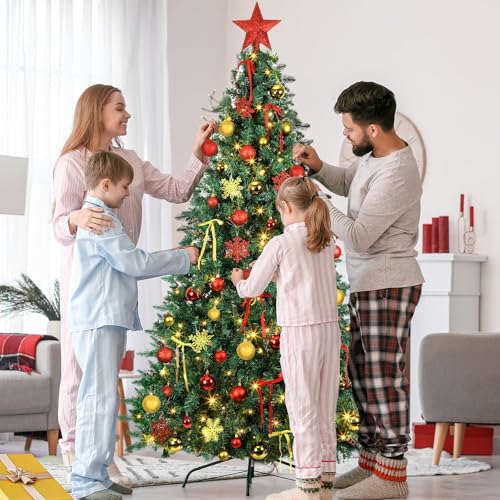 Justforjoyful 86PCS Red & Gold Christmas Ornaments Set with 65.5ft LED Lights - Includes Topper, Balls, Snowflakes & Bows (Red & Gold)