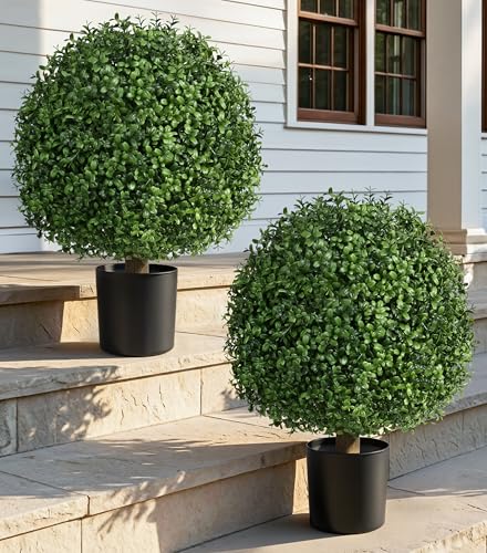 20-Inch Artificial Boxwood Topiary Trees in Planters, Set of 2