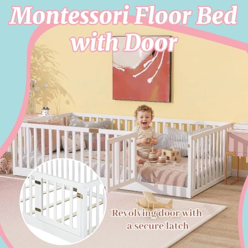 Twin Montessori Floor Bed Frame with High Guardrails and Door