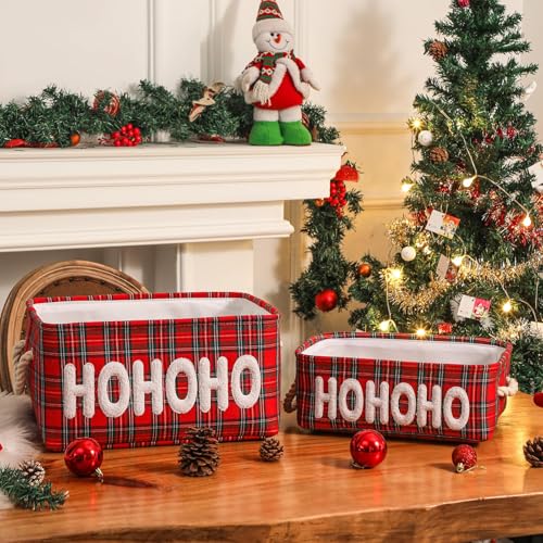 Tidelit HOHOHO Small Christmas Gift Basket with Embroidered Lamb Fleece, Farmhouse Style, Foldable Storage Bin