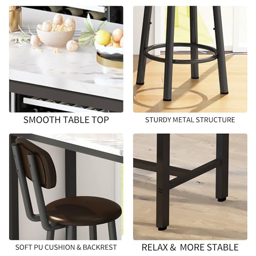 3-Piece Faux Marble Pub Table Set with 2 Backrest Stools for Small Spaces