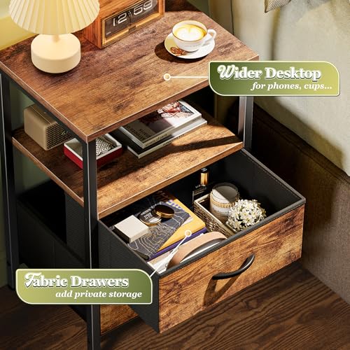 2-Drawer Nightstand Set with Open Shelf and Steel Frame, Rustic Brown