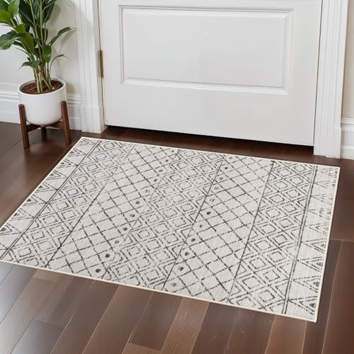 2x3 Moroccan Entryway Rug, Washable Grey Small Area Rug with Non-Slip Backing
