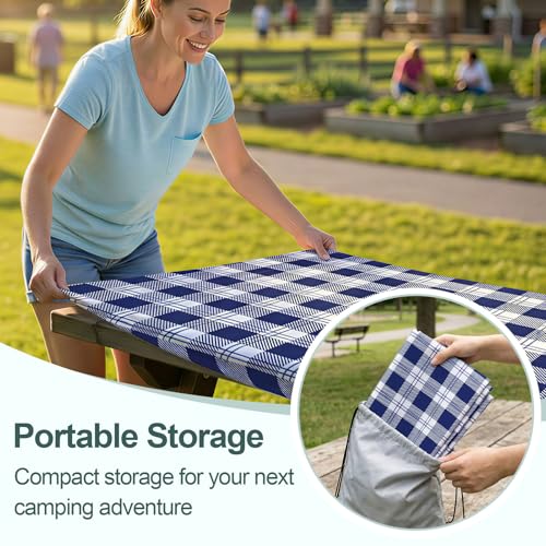 Waterproof Fitted Picnic Table Cover with Bench Covers - 6ft Blue Checkered