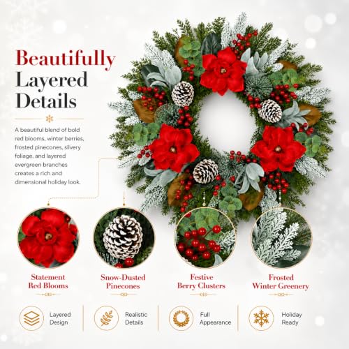 Hoobalon 28 Inch Frosted Red Magnolia Christmas Wreath for Front Door