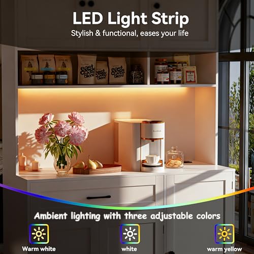 72" Tall Kitchen Pantry Cabinet with LED Lighting and Charging Station