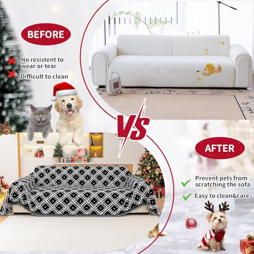 Reversible Christmas Chenille Couch Cover - Fits Recliner & Loveseat, 71x102 inches, Black