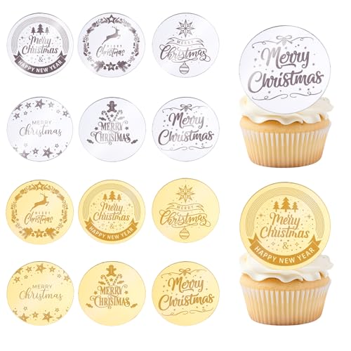 Xmas Silver Gold Mixed Cupcake Toppers 24Pcs for Christmas Party Decoration - Wolpark