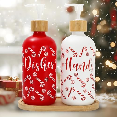 FYSUIMU Christmas Candy Theme Glass Soap Dispenser Set with Wooden Tray - Refillable Liquid Hand & Dish Soap Pump, 2 Pack