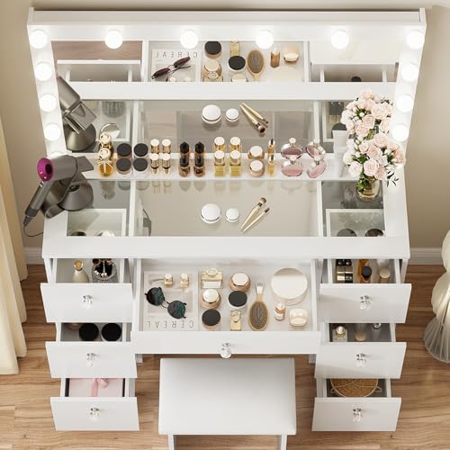 44-Inch Makeup Vanity Desk with Lighted Mirror, 7 Drawers and Stool