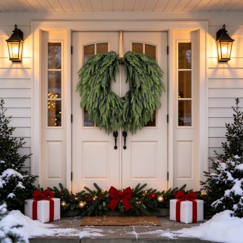 Christmas Wreath for Front Door - Artificial Norfolk Pine & Cedar, Green, 24 Inch