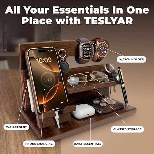 Wooden Phone Docking Station Bedside Organizer for Men Brown
