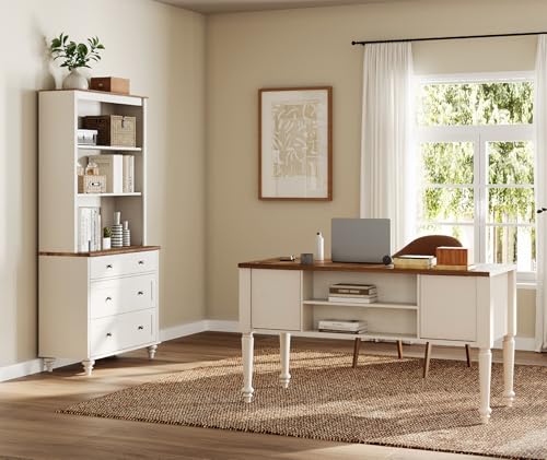 Farmhouse Executive Desk and 72-Inch Tall Bookcase Set with Charging Station